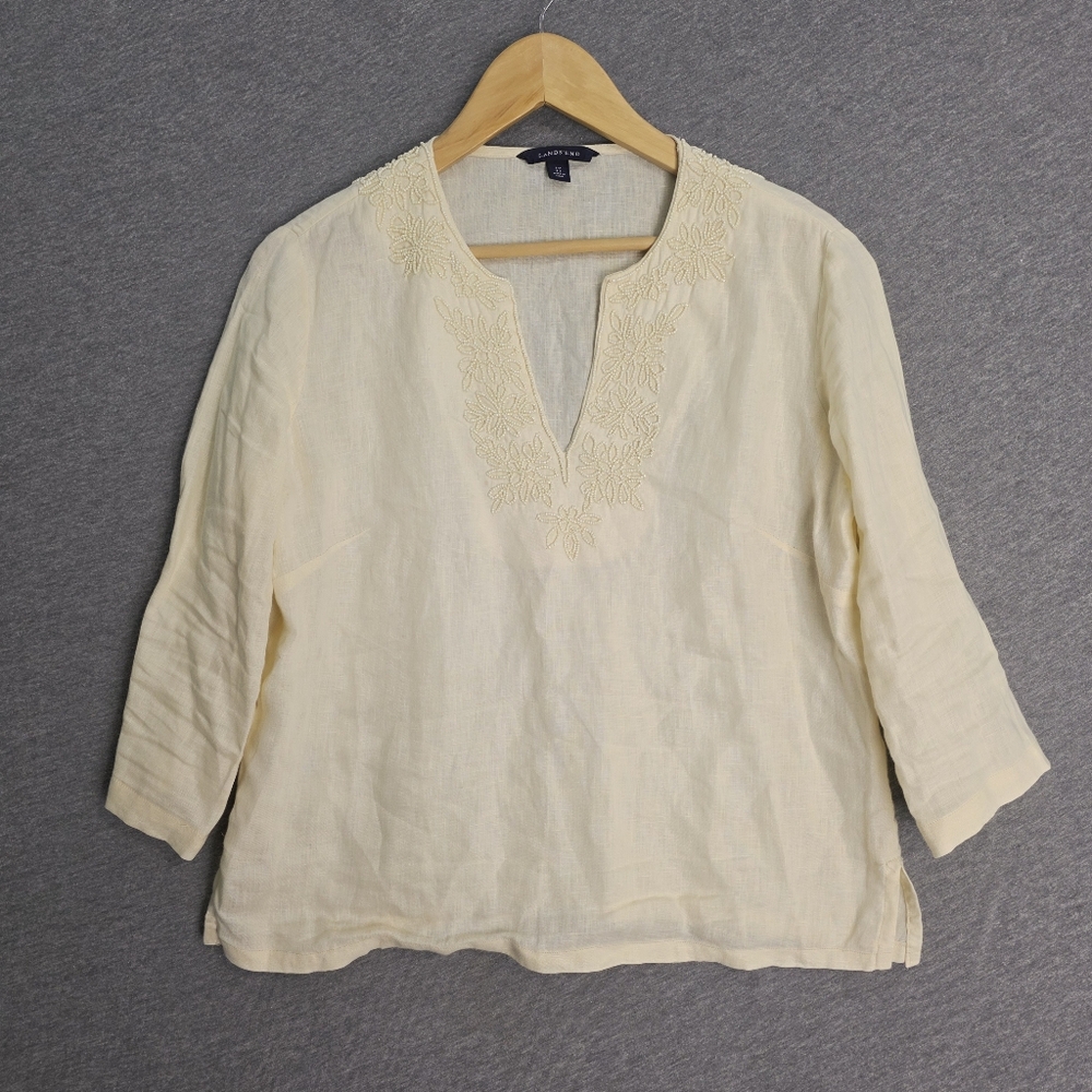 Lands End Cream Linen Blouse Beaded Womens Top Boho Beach Casual Minimalist Chic